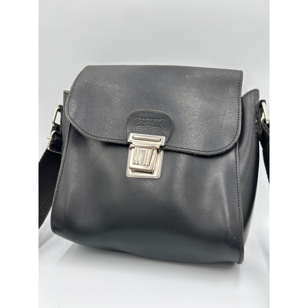 Sisley Vintage Black Leather Crossbody Bag Made in Italy Push Lock Square Purse